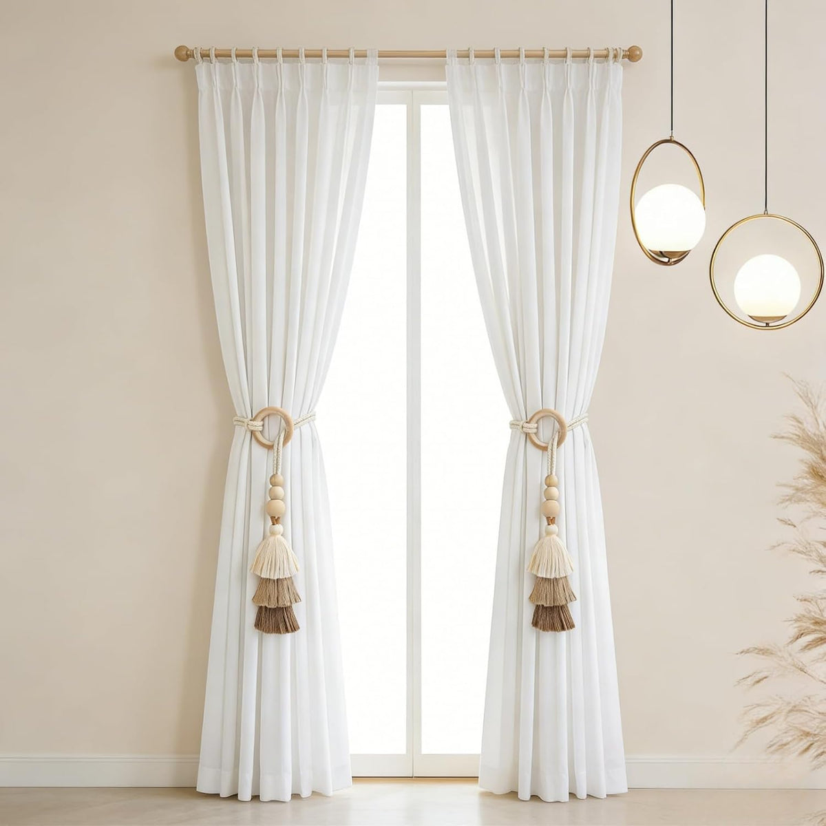Boho Curtain Tiebacks with Wooden Beads & Tassel 2 Pack, Beige