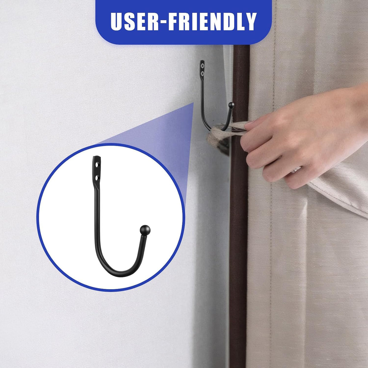 12PCS Curtain Tie Back Hooks, Metal Curtain Holdbacks Side Tiebacks Wall Mounted with Screws, Black