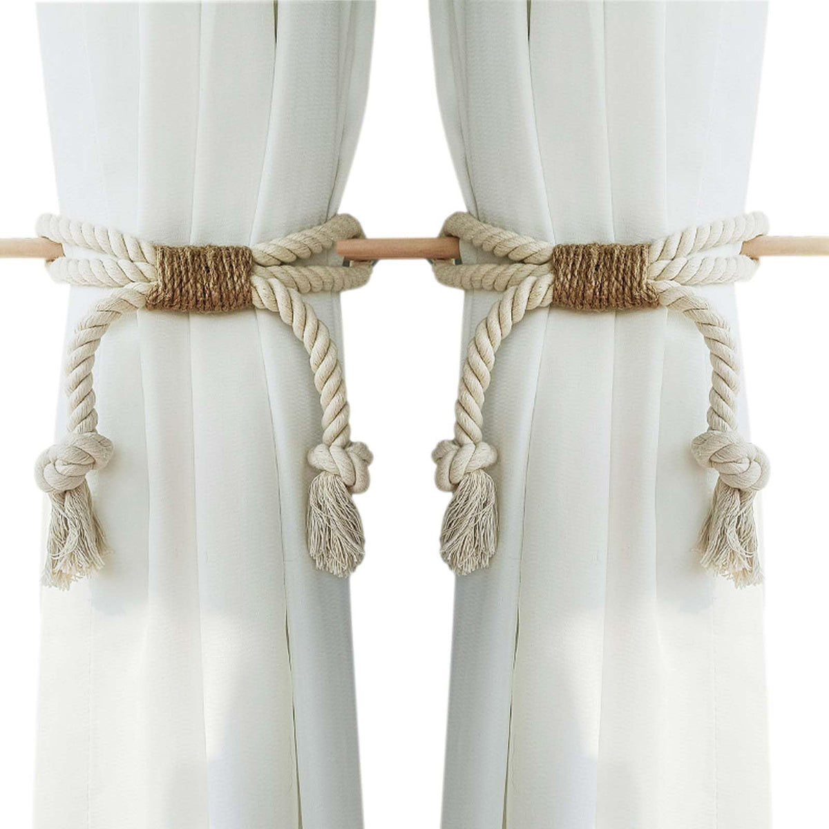 Curtain Tiebacks Rustic Holdbacks for Drapes(2 Pack), Farmhouse Curtain Holdbacks, Jute Rope with Wood Club, Natural Boho Chic Decor Drapery Holder