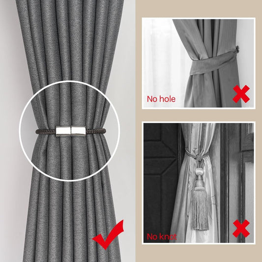 NICEEC 2 Pack Mini Magnetic Curtain Tiebacks Modern Simple Style Drape Tie Backs Elegant Hand Weave Rope Knot Decorative Curtain Holdbacks for Home & Office Window Drapery (Dark Grey)