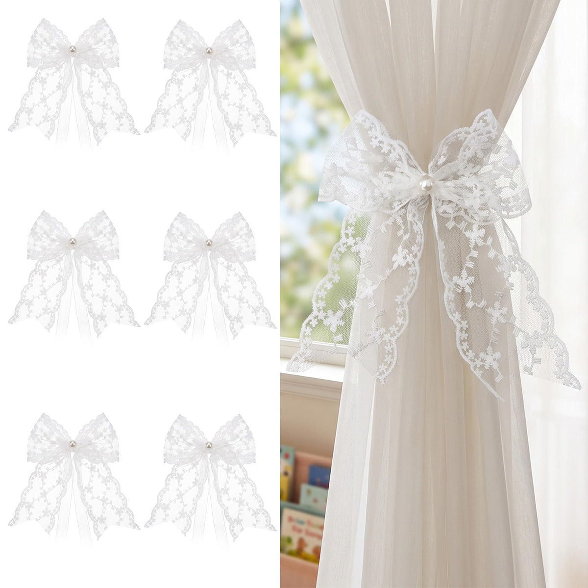 White Lace Bow Curtain Tiebacks 6-Pack, Vine Floral Curtain Holdbacks