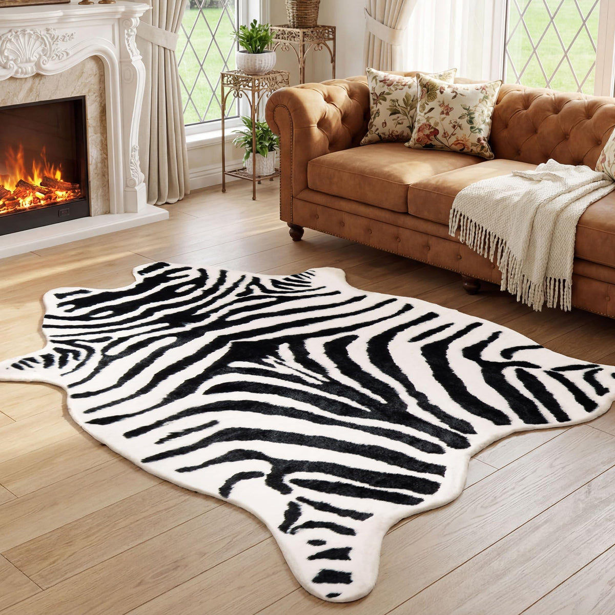 JONIYEAR Large Durable Faux Zebrahide Area Rug 4.9 x 6.56 Feet, Premium Zebra Print Rug for Living Room Bedroom, Durable Faux Fur Animal Zebra Hide Carpet for Western Farmhouse Decor, Black and White