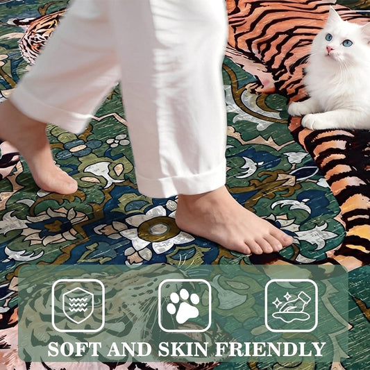 Tiger Round Area Rugs for Living Room 6ft, Boho Green Animal Print Bedroom Circle Rugs Non Slip, Washable Botanical Jungle Floor Carpet for Dining Room Entryway Nursery Playroom Office Spring