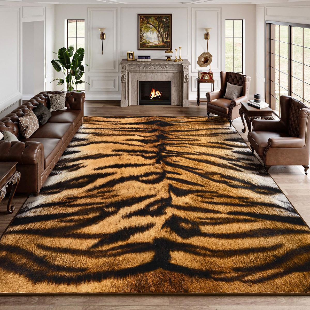 DweIke Leopard Rugs for Living Room, 6x9 Cheetah Print Rug for Bedroom Decor, Washable Non-Slip Stain Resistant Faux Animal Throw Carpet for Dining Room Office Western Home, Dark Brown