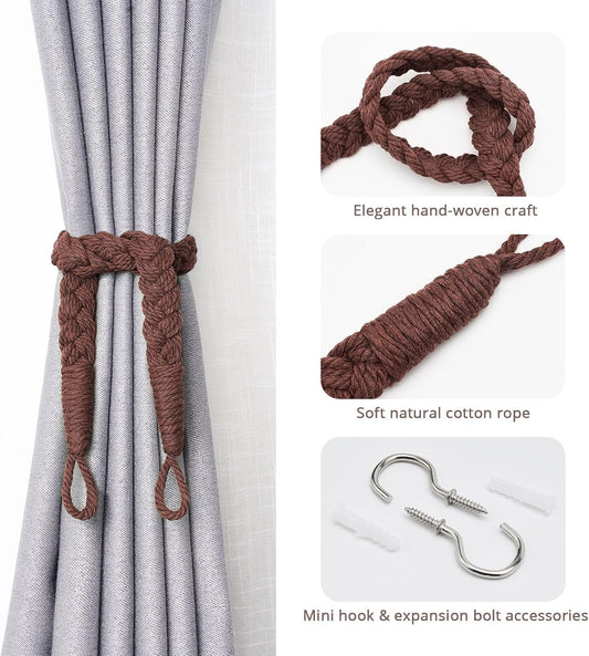 NICEEC 2 Pack Natural Cotton Rope Curtain Tiebacks Elegant Boho Style Decorative Drape Tie Backs Soft Hand-Woven Rope Curtain Holdbacks with Metal Hook for Home & Office Drapery (Coffee)