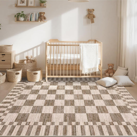 GarveeHome Brown Checkered Rug 5x7 Area Rugs Washable Living Room 5x7 Rug