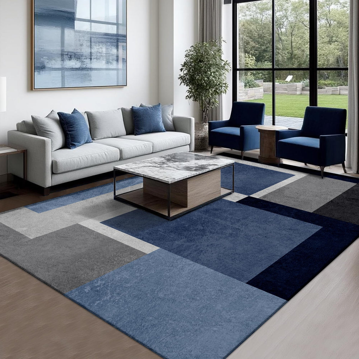 Washable Low-Profile Geometric Area Rug, 0.2 inch Thin Abstract Rug Design for Living Room & Bedroom Decor, 5x7 ft Blue Grey Modern Non-Slip Floor Rug