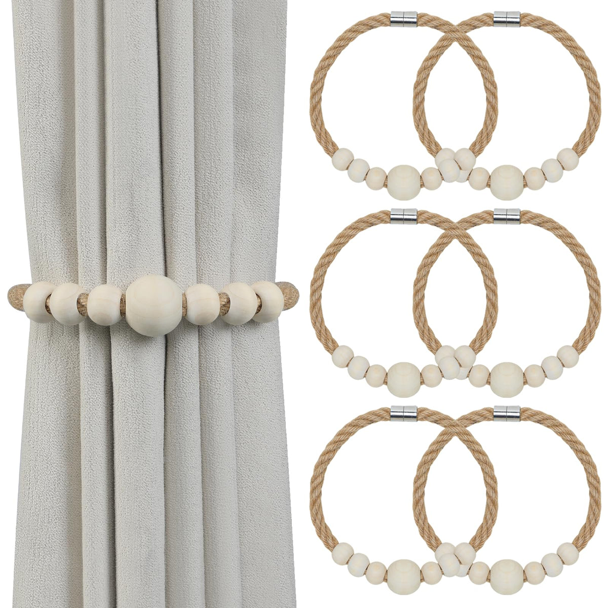 Magnetic Curtain Tiebacks, 2 Pack Jute Curtain Holdbacks, Elegant Hand Weave Rope Knot Curtain Tie Backs, Boho Curtain Tiebacks for Bedroom Room Nursery Decor