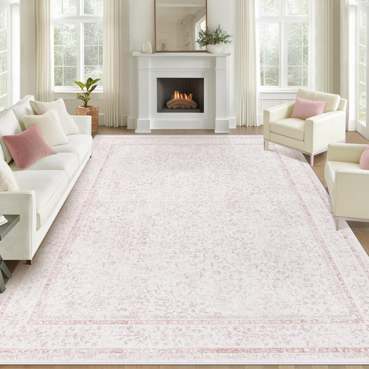 Bedroom Rug Washable Large Area Rugs Foldable Low Pile Print Non Slip Boho Patterned Rugs for Bedroom Living Room Dining Home Office (Floral Beige, 5'x7')