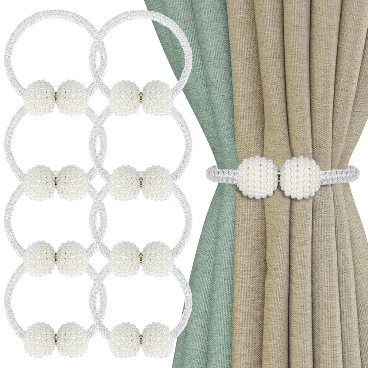 8 Pack Magnetic Curtain Tiebacks with Pearls,Elegant Window Treatment Holdbacks for Heavy Outdoor Drapes (Grey)