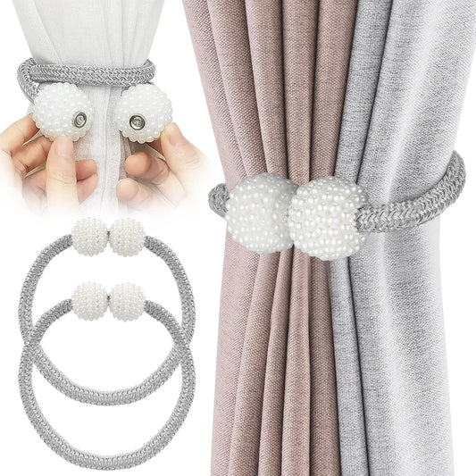 8 Pack Magnetic Curtain Tiebacks with Pearls,Elegant Window Treatment Holdbacks for Heavy Outdoor Drapes (Grey)