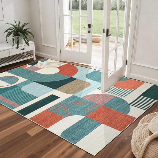 3x5 Washable Rug for Bedroom, Boho Geometric Small Area Rugs for Living Room Entryway Soft Low Pile Non-Slip Indoor Rug for Playroom Dorm, Blue Multi, 3'x5'