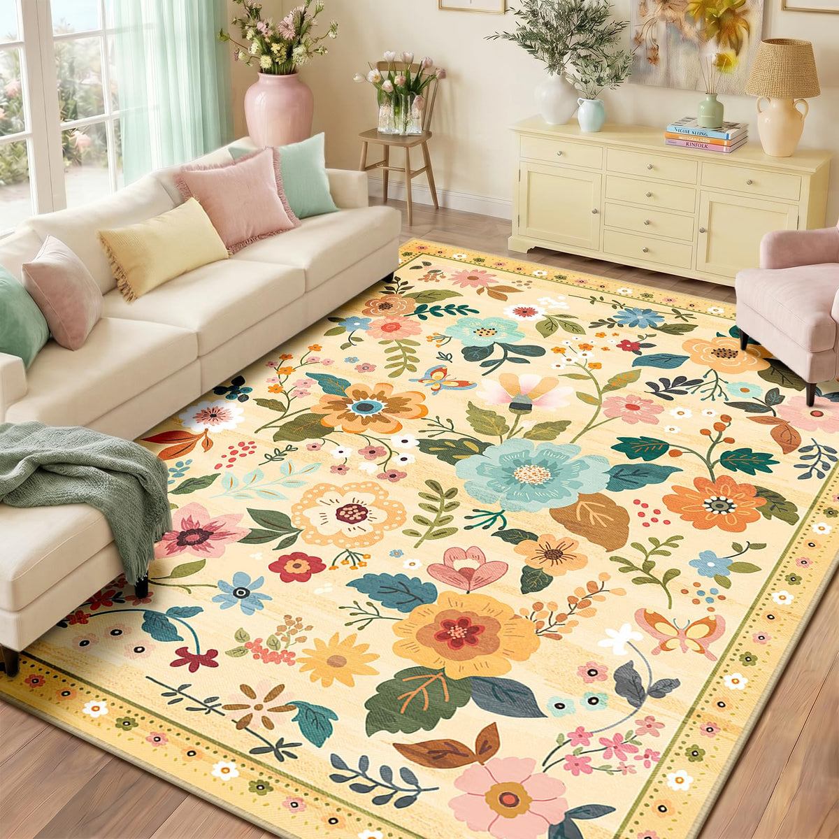 RELEANY Floral Washable 5x7 Area Rugs Black
