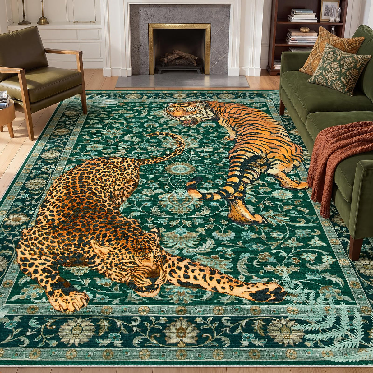 Joydeco Tiger Cheetah Animal Print 5x7 Washable Rug for Living Room Bedroom
