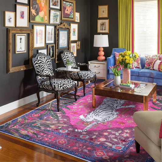 5x7 FT Leopard Rug for Living Room Hot Pink Leopard Vintage Animal Rug Aesthetic Pink Rugs for Girls Room Nursery Bedroom Home Office Dorm Thin Bright Magenta Carpet (Hot Pink, 5X7 FT)