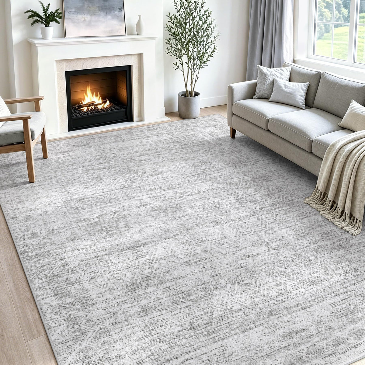 8x10 Area Rugs, Beige Washable Geometric Boho Rug for Living Room, Bedroom
