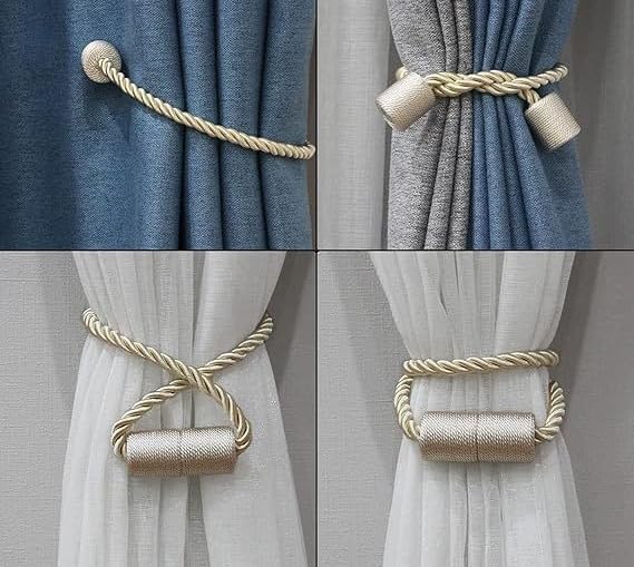 2 Pack Magnetic Curtain Tiebacks Modern Handmade Rope Curtain Tie Backs Decorative Drapes Holdbacks for Home Outdoor Bedroom Decorative Curtain (Beige)