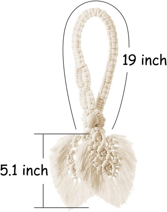 2 Pack Boho Curtain Tiebacks,Hand Knitting Cotton Curtain Holdbacks with Adjustable Natural Wooden Bead,Double Leaves Farmhouse Theme Curtain Tie Backs, for Indoor Outdoor Drapes Decorative,(Beige)