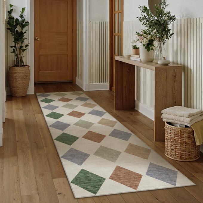 PureCozy 8x10 Washable Area Rug Living Room Beige Non Slip Checkered Carpet