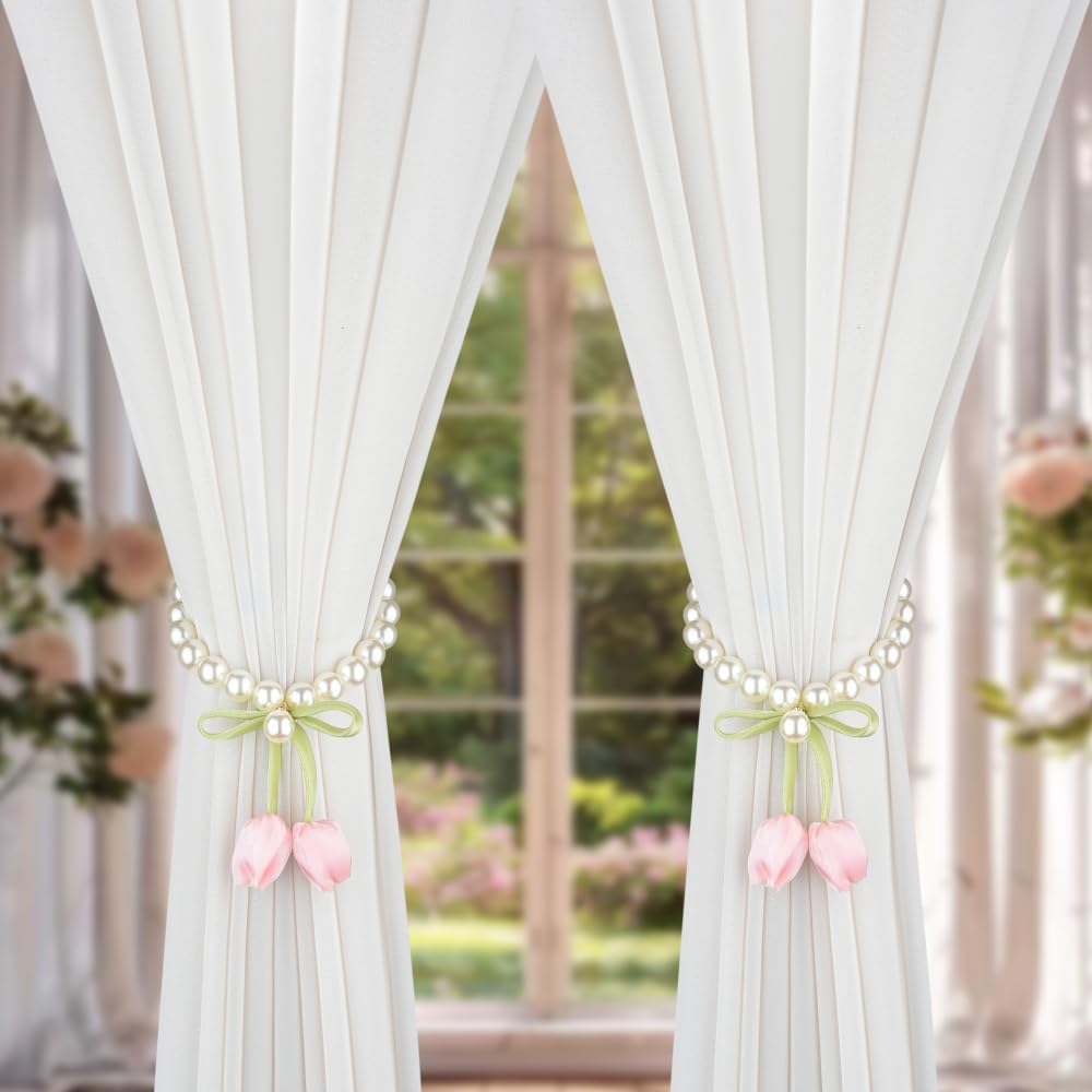 SUQ I OME Handmade Tulip Flower Curtain Magnetic Tiebacks, Pink