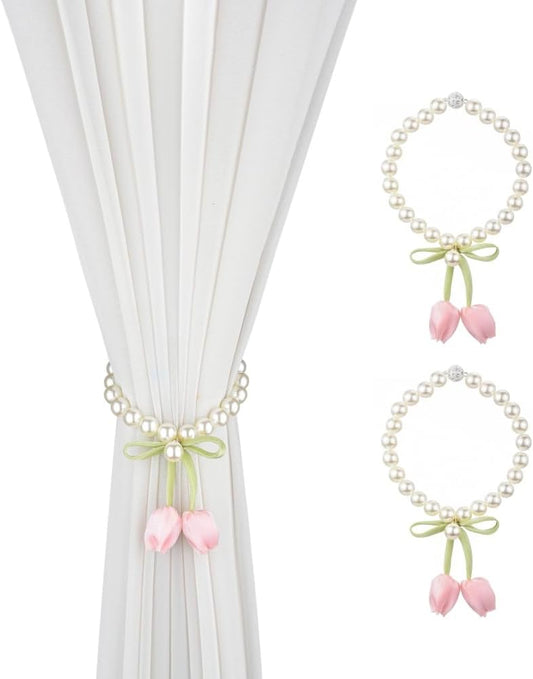SUQ I OME Handmade Tulip Flower Curtain Magnetic Tiebacks, Pink