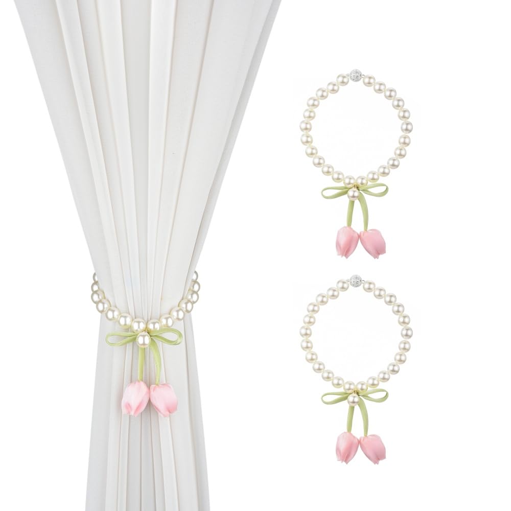 SUQ I OME Handmade Tulip Flower Curtain Magnetic Tiebacks, Pink