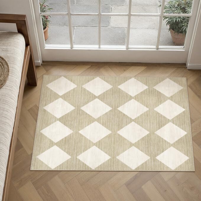 PureCozy 8x10 Washable Area Rug Living Room Beige Non Slip Checkered Carpet