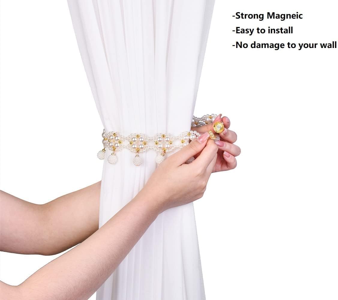 SUQ I OME Magnetic Pearl Beaded Curtain Tieback, White, 1 Pair
