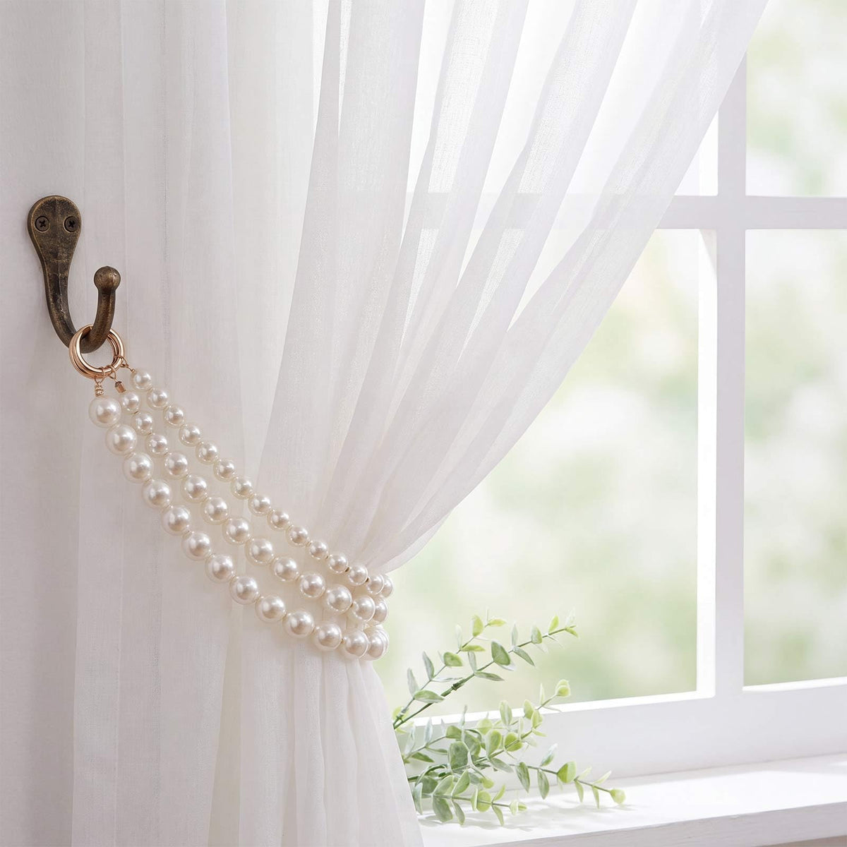 Tondiamo 2 Pack Pearl Curtain Tiebacks Decorative Window Drape Holdbacks with Large Pearls French Rustic Curtain Tie Bands for Bedroom Living Room Home Decor (Single)