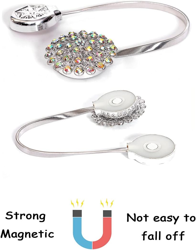 Magnetic Tiebacks for Curtains, 2 Pack Sparkling Crystal Flower Curtain Tiebacks Curtain Buckle Clips with High-Elastic Spring Wire for Home Office Decoration (White)