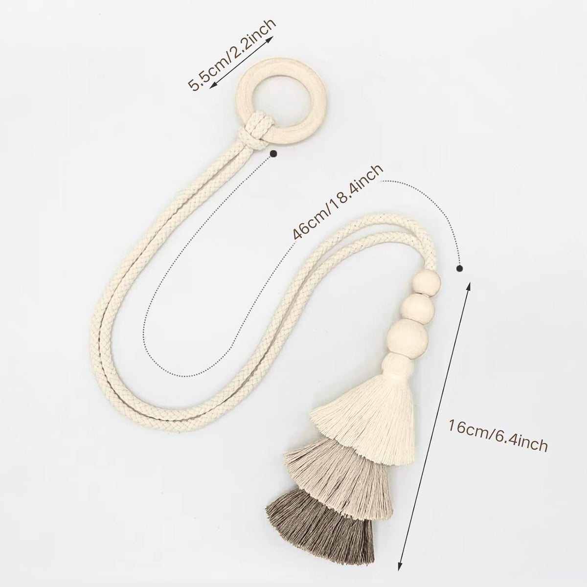 Boho Curtain Tiebacks with Wooden Beads & Tassel 2 Pack, Beige
