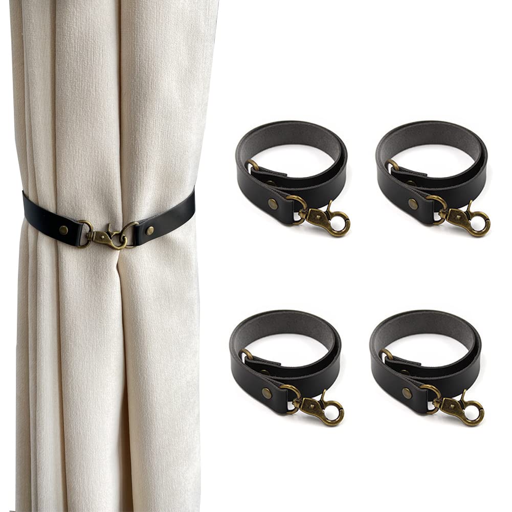 Leather Curtain Tiebacks, 4Pcs Leather Curtain Buckle Holdbacks Classic No-Drilling Ties Rope for Home Offic Living Room Bedroom Cafe Decorative (Brown)
