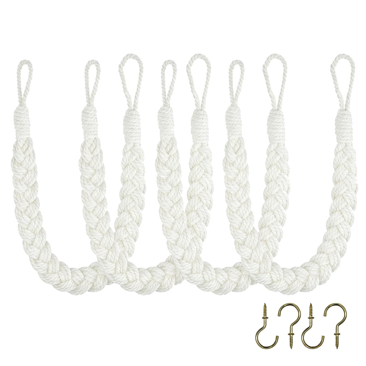 Home Queen Hand Braided Curtain Tieback, Buckle Holdback Drapery Curtain Tie Back, 2 Rope Cotton Belt Curtain Tie with 2 Metal Hooks, White