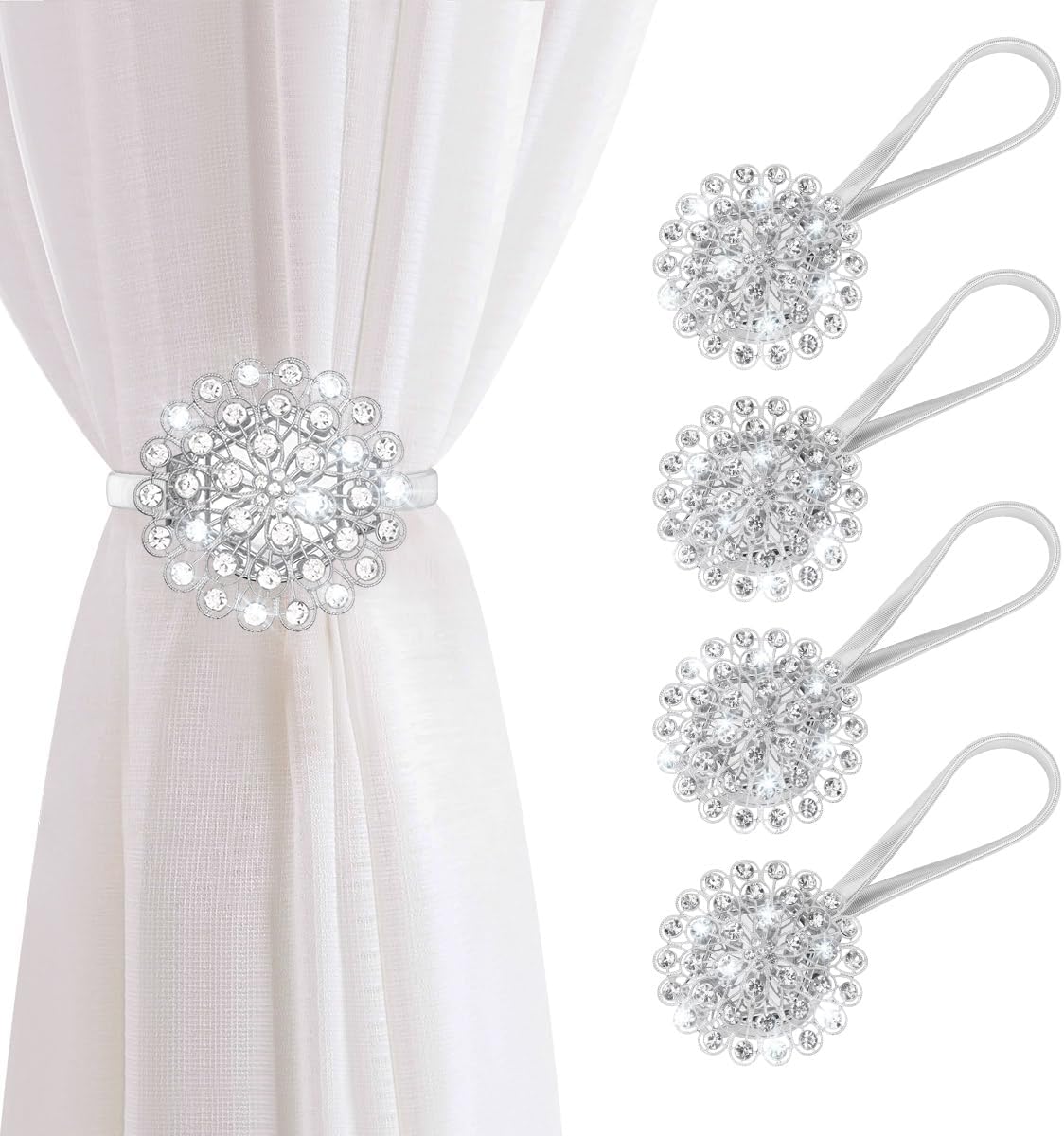 AULEEP Magnetic Curtain Tiebacks Crystal Curtain Ties Holdbacks, 4 Pack