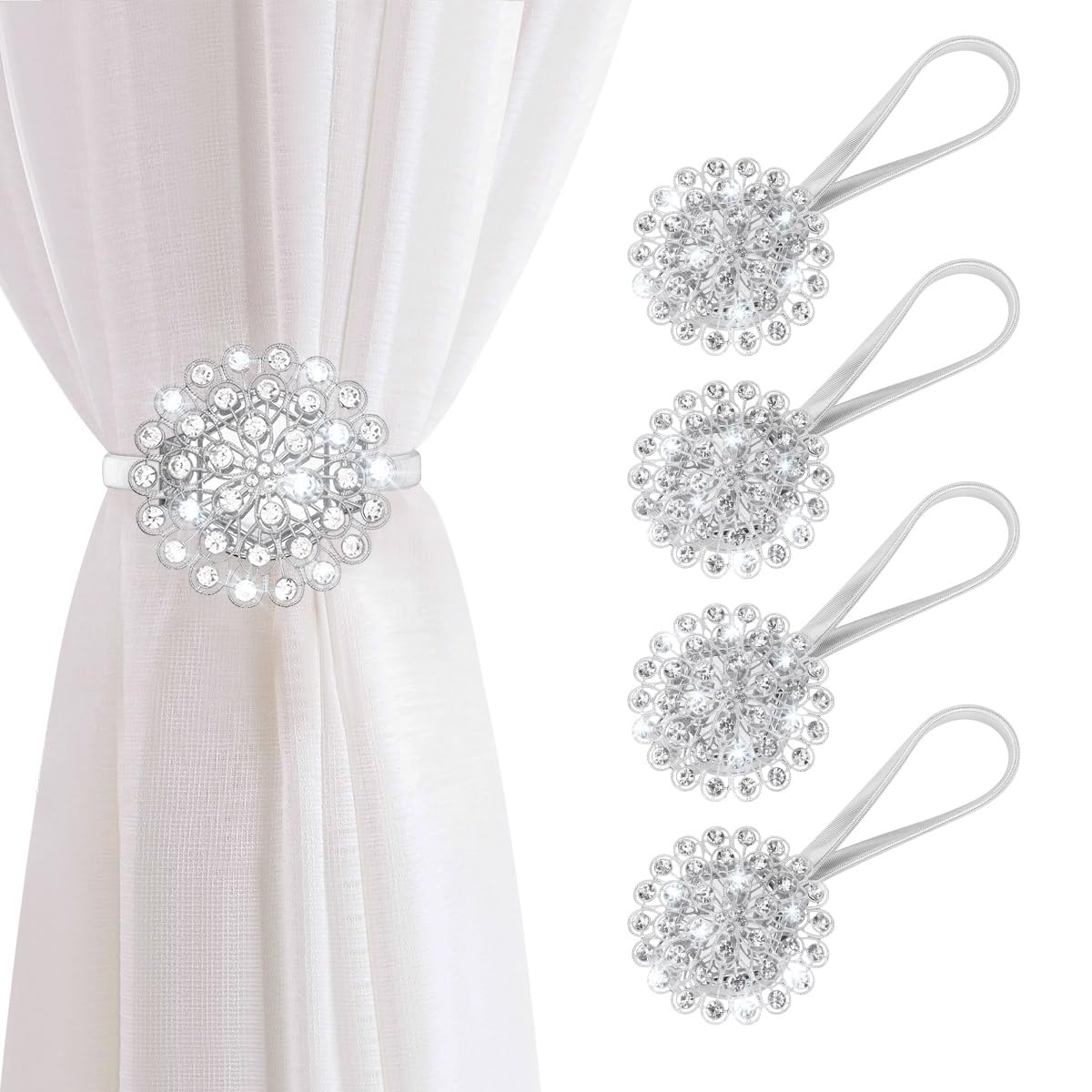 AULEEP Magnetic Curtain Tiebacks Crystal Curtain Ties Holdbacks, 4 Pack