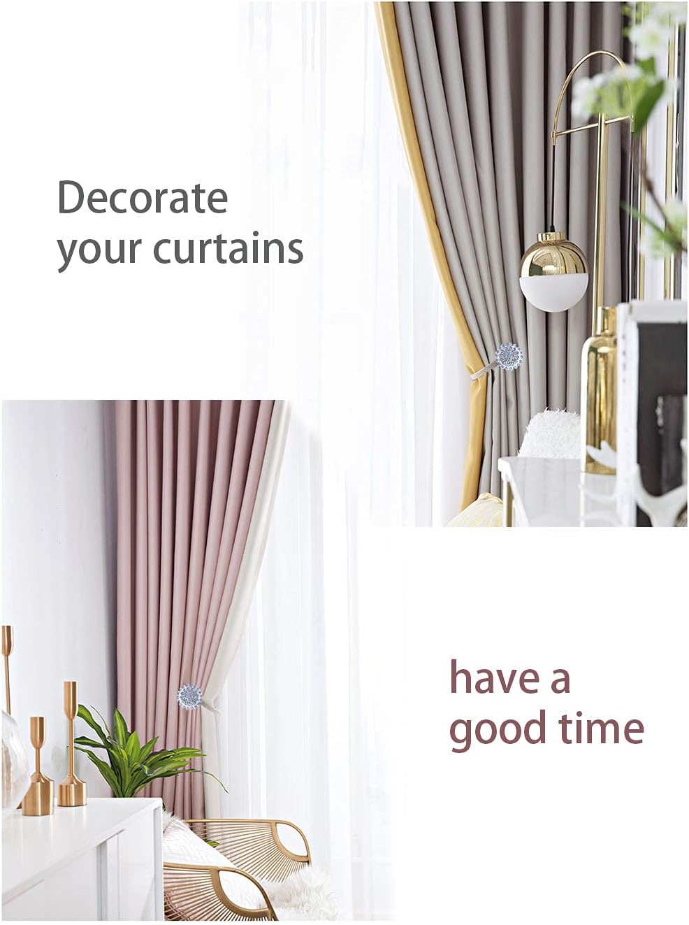 Magnetic Tiebacks for Curtains, 2 Pack Sparkling Crystal Flower Curtain Tiebacks Curtain Buckle Clips with High-Elastic Spring Wire for Home Office Decoration (White)