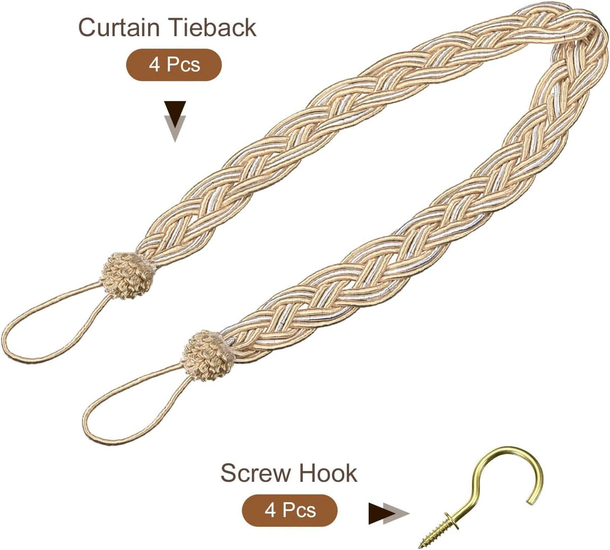 uxcell 4Pcs Curtain Tiebacks, 58cm/23 Braided Drapery Holdback Holder Decorative Rope Tie Back with 4 Metal Hooks, Taupe/Silver