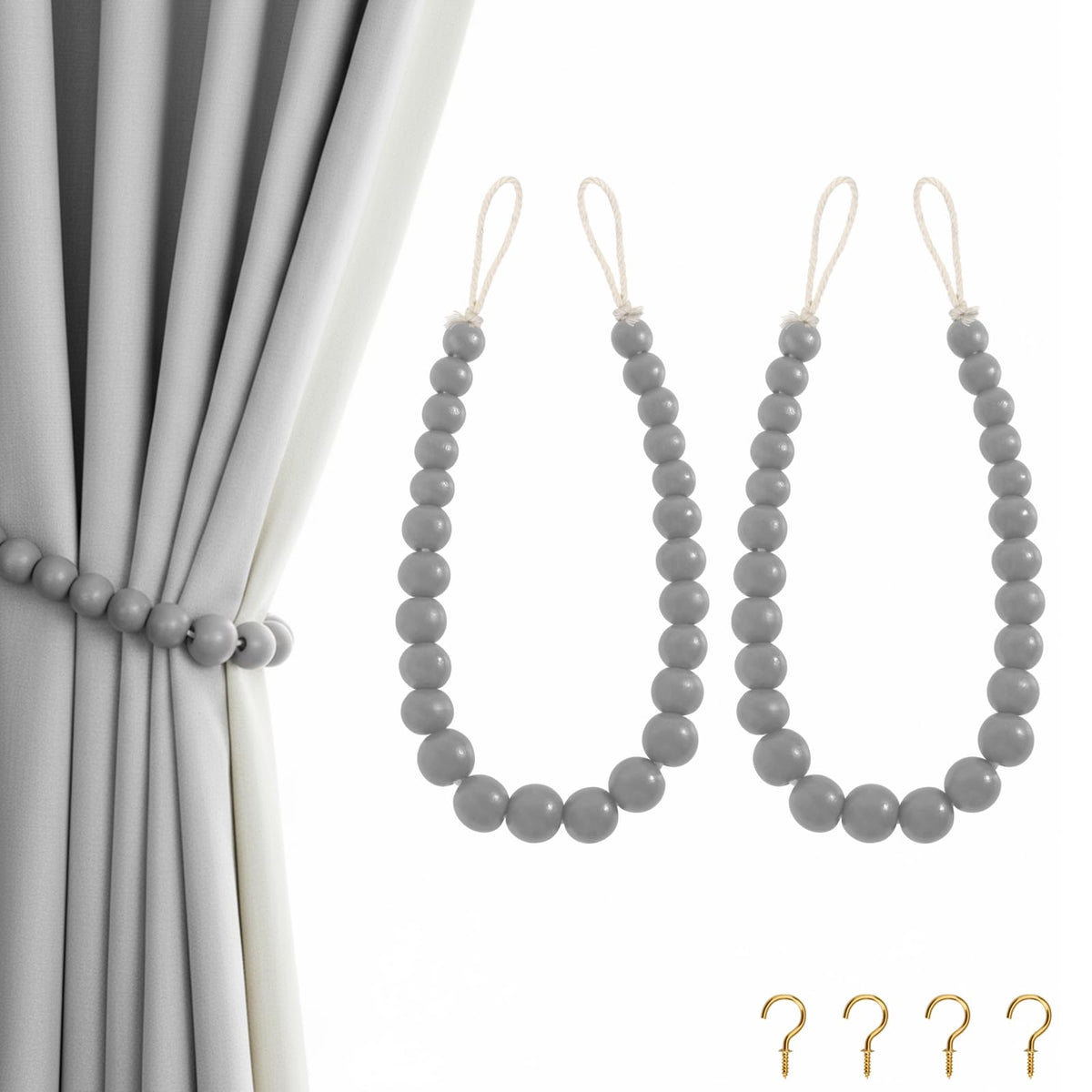 Hion 2-Pack Curtain Tiebacks,Curtain Holdbacks,Boho Wood Bead Tie Backs