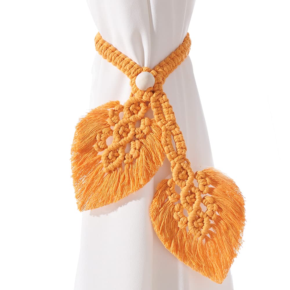 2 Pack Boho Curtain Tiebacks,Hand Knitting Cotton Curtain Holdbacks with Adjustable Natural Wooden Bead,Double Leaves Farmhouse Theme Curtain Tie Backs, for Indoor Outdoor Drapes Decorative,(Beige)