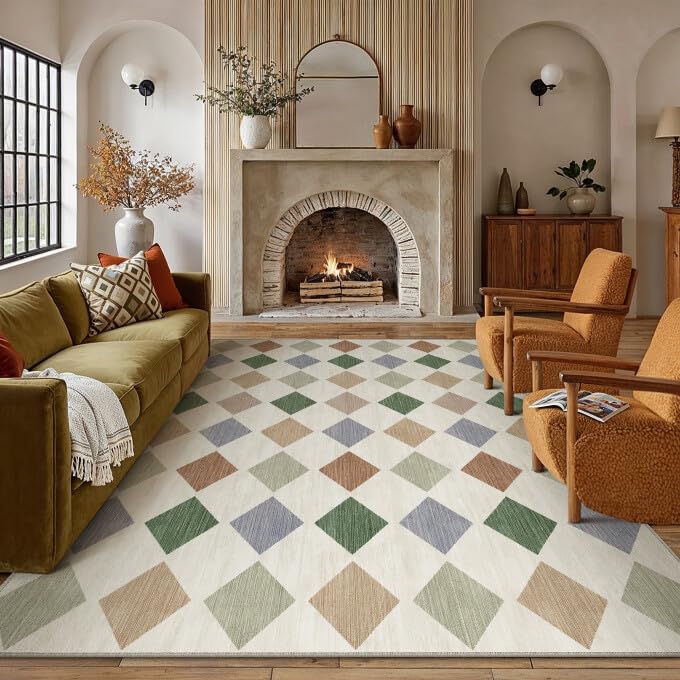 PureCozy 8x10 Washable Area Rug Living Room Beige Non Slip Checkered Carpet