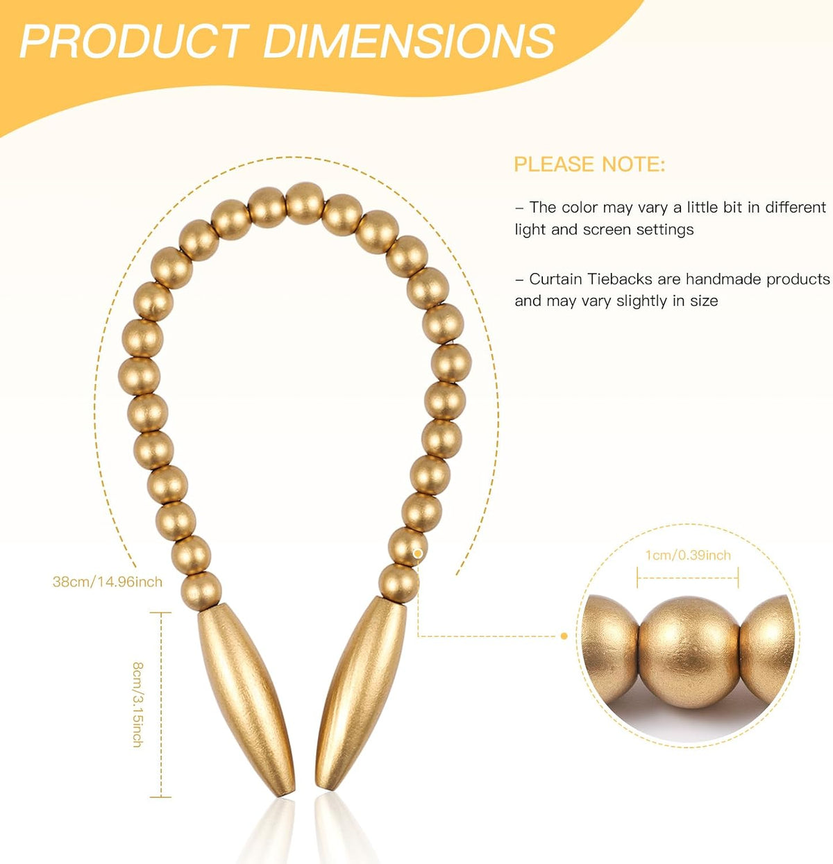 Wood Bead Curtain Tiebacks 2 Pack, No Drill Curtain Holdbacks, Gold
