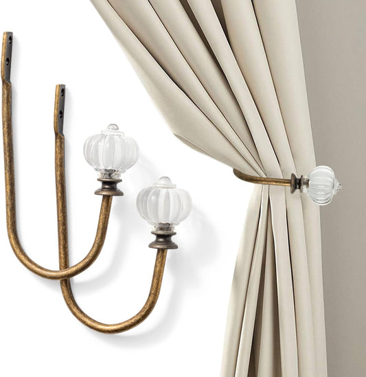 Vintage Curtain Holdbacks 2Pcs - Pumpkin Shaped, Metal Curtain Side Holders for Wall, Small Drapes Pull Backs Hook, Window Drapery Tie Backs Wall Mounted, Curtain Hardware Accessories