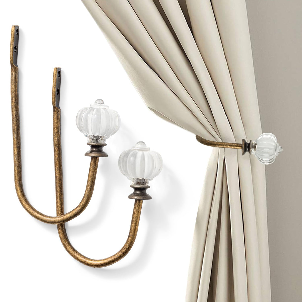 Vintage Curtain Holdbacks 2Pcs - Pumpkin Shaped, Metal Curtain Side Holders for Wall, Small Drapes Pull Backs Hook, Window Drapery Tie Backs Wall Mounted, Curtain Hardware Accessories