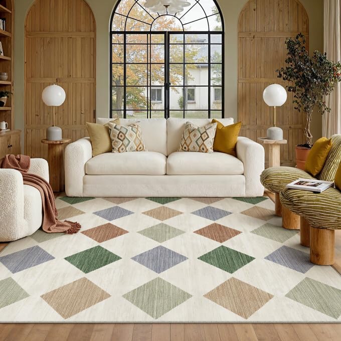 PureCozy 8x10 Washable Area Rug Living Room Beige Non Slip Checkered Carpet