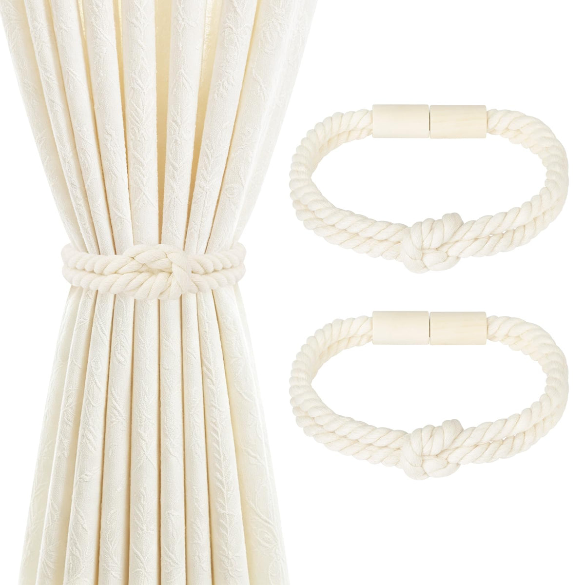 Magnetic Curtain Tiebacks, Boho Curtain Holdbacks, Beige, 2 Pcs