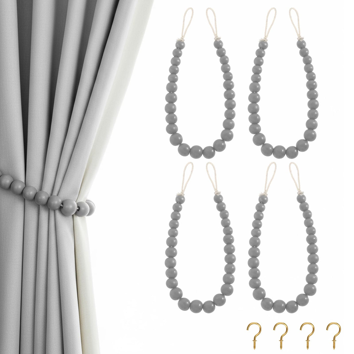 Hion 2-Pack Curtain Tiebacks,Curtain Holdbacks,Boho Wood Bead Tie Backs