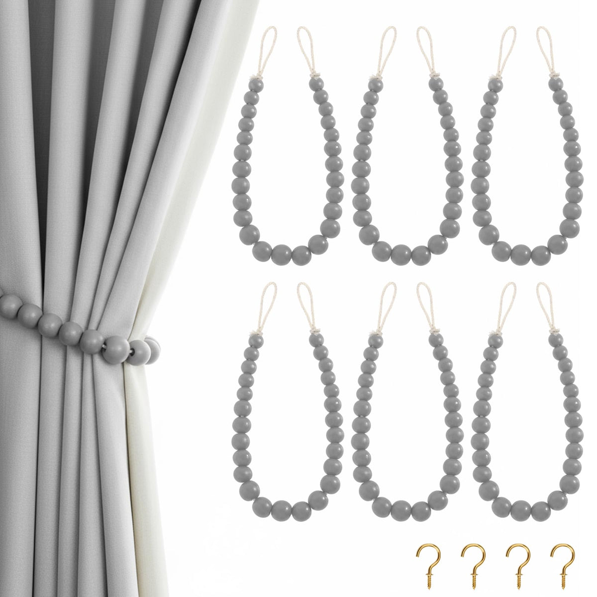 Hion 2-Pack Curtain Tiebacks,Curtain Holdbacks,Boho Wood Bead Tie Backs