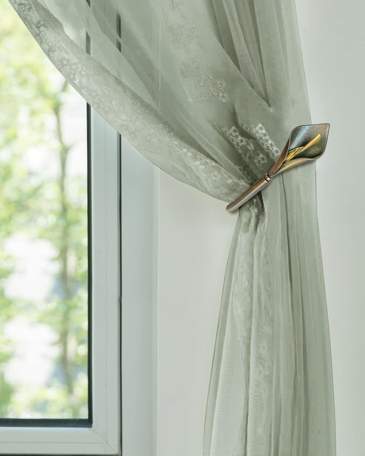 Antique Brass Curtain Holdbacks, Calla Lily Metal Tiebacks Wall Mounted - Decorative Holders for Drapes & Curtains, Heavy Duty Pull Back Hooks
