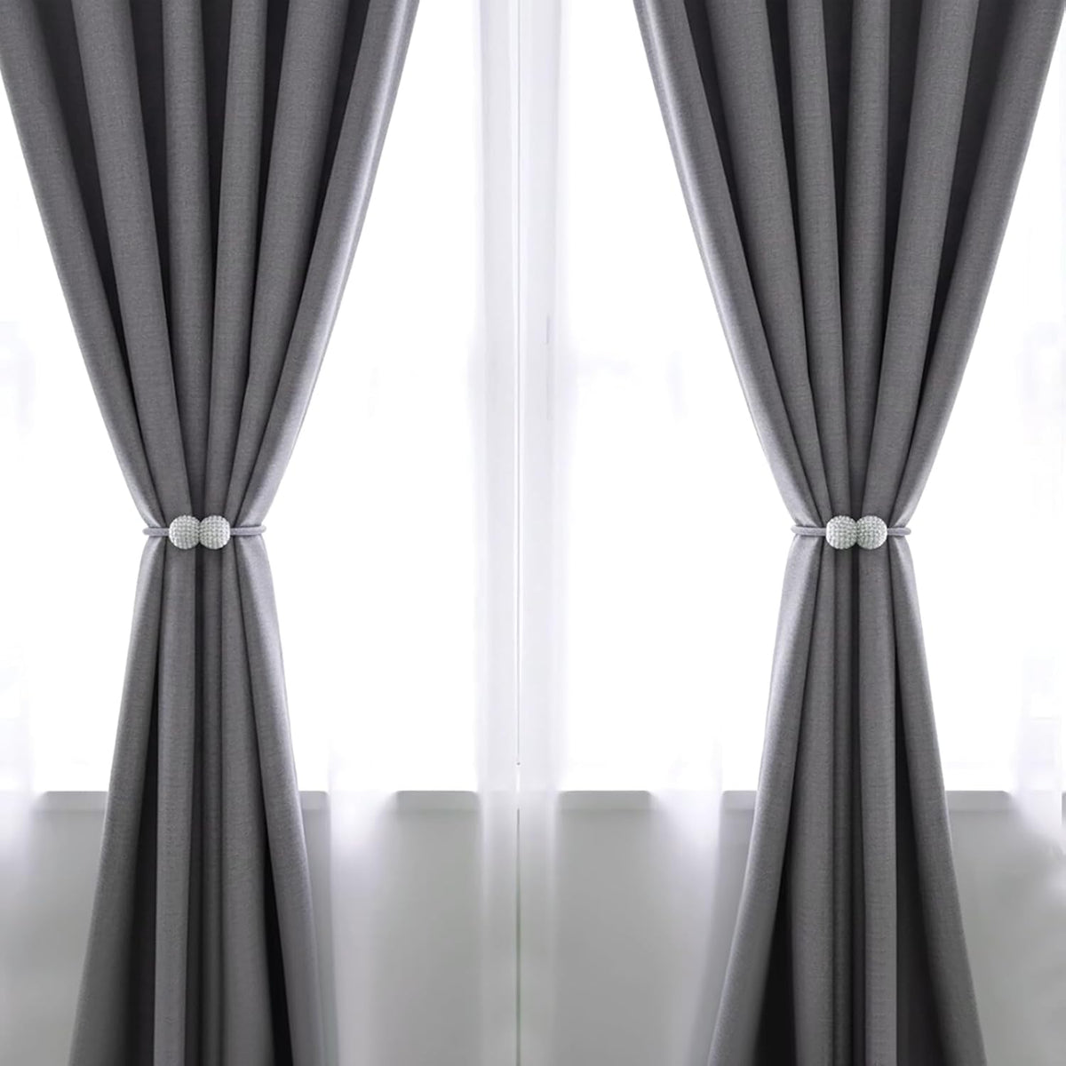 6 Pack Grey Magnetic Curtain Tiebacks with Decorative Pearl, 18.9 inch Curtain Holdbacks for Drapes, Strong Magnet Curtain Holders for Window Treatments, Home and Office Decor