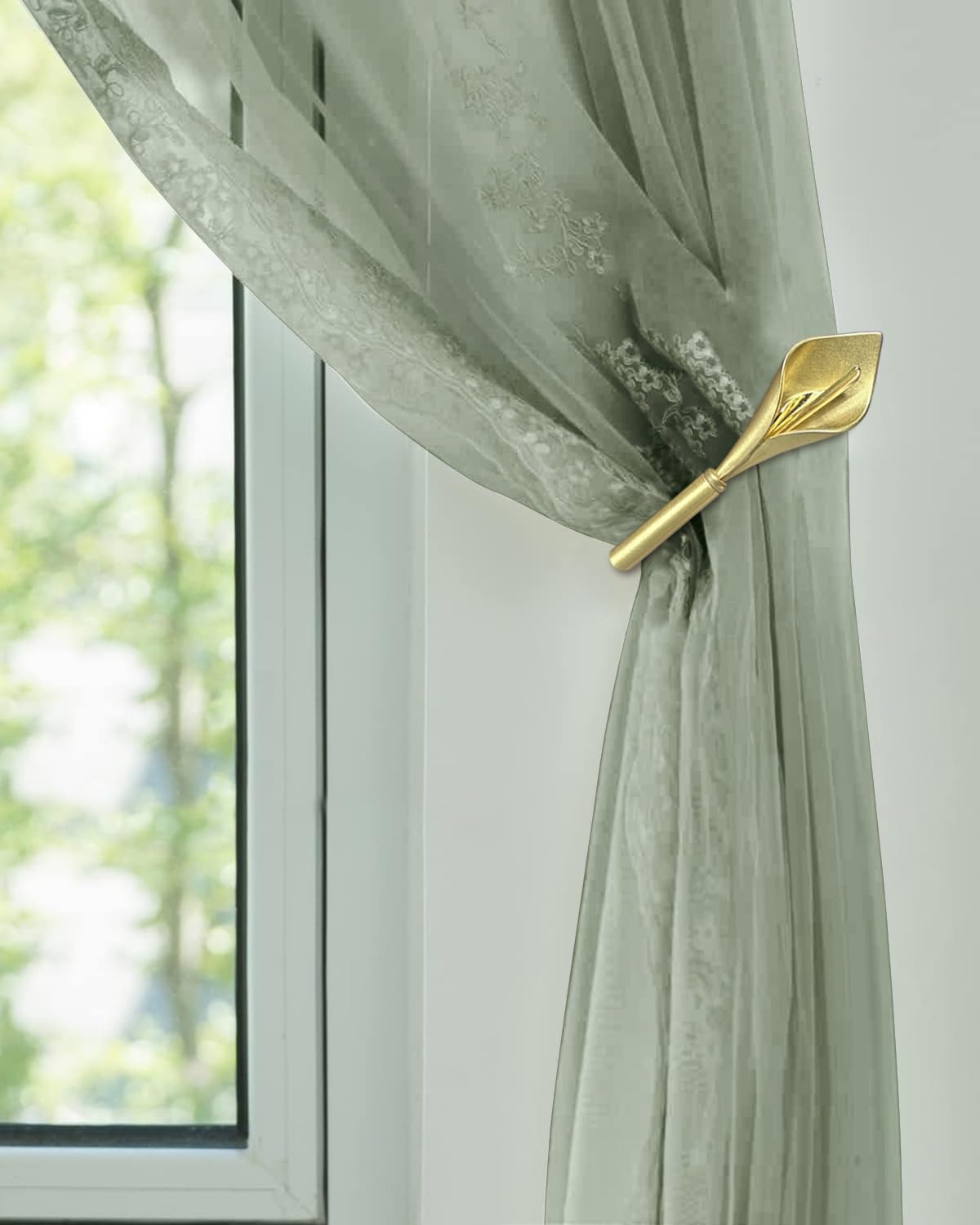 Antique Brass Curtain Holdbacks, Calla Lily Metal Tiebacks Wall Mounted - Decorative Holders for Drapes & Curtains, Heavy Duty Pull Back Hooks